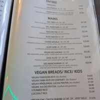 Vegan menu at Aalishan Indian Restaurant in Townsville