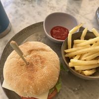 Vegetarian burger, fries, and fried halloumi (not pictured)  at The Skinny Kitchen - Marina in Ibiza
