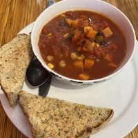 Vegan chili and house made bread  at The Tall And Small Cafe in Antigonish