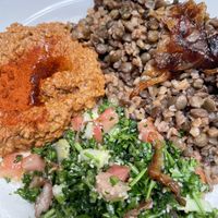 Vegetarian trio with mujadara, mohamara, and tabouleh  at Ali Baba in Oakland