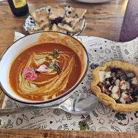 Tomato soup with mushroom onion cheese tart, side of tofu at Meraki Market Cafe in Paphos