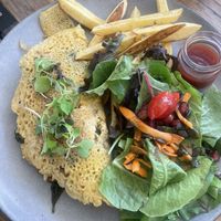 Chickpea omelette with veggies and cheese and fries   at Meraki Market Cafe in Paphos