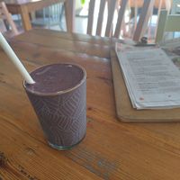 Veggie bomb smoothy - with caulie, banana, blueberries, cherries, spinach, zucchini, soy milk - strange, and worth trying at Meraki Market Cafe in Paphos