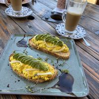 Scrambled tofu + avocado on toast   at Meraki Market Cafe in Paphos