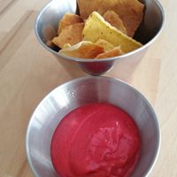 Beet root hummus with glutenfree homemade chips  at Avocado Mallorca in Mallorca