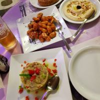 Melizanosalata (vg), gigantes (vg), hummous (vg) and spinach and feta pie (v) at Point Cafe in Mykonos