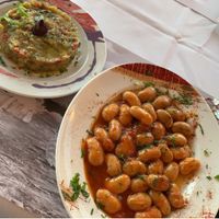 Aubergine, giant beans, red wine  at Point Cafe in Mykonos