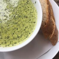 Vegan spinach soup with focaccia bread at Stasjonen in Lillehammer