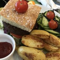 Vegan burger, focaccia, fried potatoes & salad at Stasjonen in Lillehammer