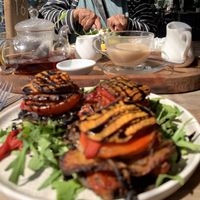 Veggie stack (made vegan) and English breakfast tea on oat milk   at Basil & Vine in Burpengary