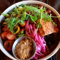 Buddha bowl with tofu steak, balsamic grapes & peanut miso sauce at Church - Temple of Fun in Sheffield