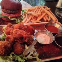 Burger, fries and popcorn cauliflower at Church - Temple of Fun in Sheffield