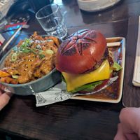 Hex Mex burger & satay fries at Church - Temple of Fun in Sheffield