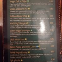Vegan menu at Wolfies Wine Bar in Skegness