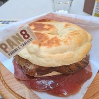 Beans carpachio, mozzalera di bufala, eggplant and dry tomato at Pan8 in Bologna