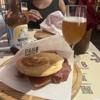 Chickpea Carpaccio, soy cheese, panini and a good beer!  at Pan8 in Bologna