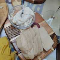 Two of the cheese part of the vegan plate at Pan8 in Bologna