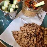 Hummus with veggies and flat bread at Gamli Bærinn in Myvatn