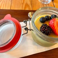 Mango mousse with fruit (vegan). Tasty!  at Jon Riki in Hofn