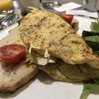 Vegan chickpea omelette with vegan cheese and mushrooms  at Cafe Forty One in West London