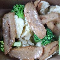 Chikun n Mashed w gravy (no onions). I recommend getting extra broccoli at TNK Vegan Cafe in Modesto
