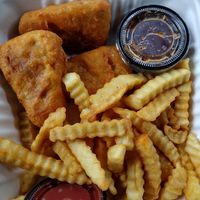 Phish n chips. Comes w ketchup and sweet n sour at TNK Vegan Cafe in Modesto