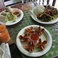 Thai iced tea, (3/6) fresh spring rolls, cream cheese puffs, and Mongolian beef at TNK Vegan Cafe in Modesto