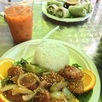 Orange chicken, Thai tea, and fresh spring rolls at TNK Vegan Cafe in Modesto