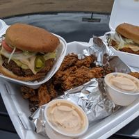 Fried portobello fries, vegan chicken and vegan jalapeno burger. at Cool Al's in Jackson