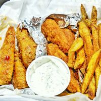 Vegan Wings : 6 wings , two flavors : sweet and spicy and hot with a side of fries. Total came to $11. at Cool Al's in Jackson
