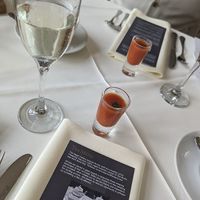 An amuse bouch of gazpacho soup at The Vegan Cakery in Leicester