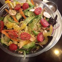 Veggie deluxe salad topped with vegan parmesan at North Fork Pizza in Columbia Falls