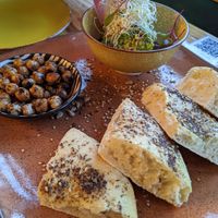 Veganized mezze: delicious pea 'guacamole' and chickpeas that somehow taste like BBQ chicken at Mic Moc in Tarifa