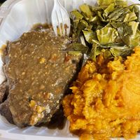 Main+2 sides: steak, green collards, yams   at NuVegan in Richmond