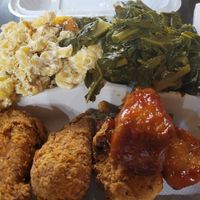 Fried & teriyaki drummies, mac and cheese and kale at NuVegan in Richmond