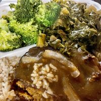 Salisbury steak (made with/TVP) over rice w/gravy, collards and broccoli    at NuVegan in Richmond