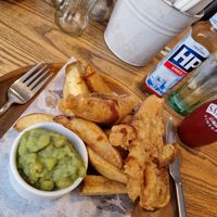 Banana blossom vish, chips & mushy peas. at So! Bar and Eats in Ripon