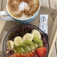 Açaí bowl and coffee with oat milk   at Top Coffee Shop in Cadiz
