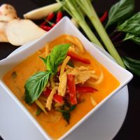 Red Coconut Curry with bell pepper, bamboo shoot and basil leaf at I Am Thai in Abbotsford