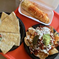 Quesadilla, Elote, and Al Paztor Nachos.  at Guapo's Taco Shop in Bakersfield