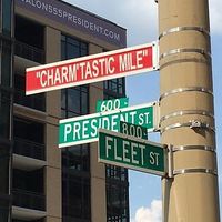 The "Charm'tastic Mile" famed street sign entering Harbor East minutes away from Lebanese Taverna.  at Lebanese Taverna in Baltimore