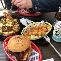 Chilli cheese fries, Gangnam style burger, potato gems and southern fried seitan burger  at Natural Born Grillers in Mount Gambier