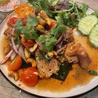 Vegan crispy fish with cashew nut  at A Taste of Siam in Hampton