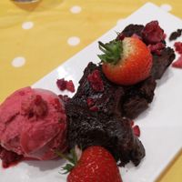 Vegan brownie with raspberry sorbet! at Pablos Bistro in Bradford-on-avon