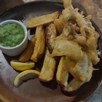 Vegan phish,  chips and mushy peas at So! Bar and Eats in Harrogate