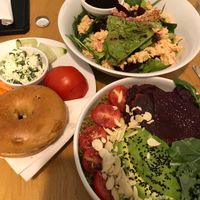 - beet salad with almond cheese & coffee dressing
- bagel with vegan ricotta
- savoury quinoa bowl with a beet patty, avocado, kale, spinach, cherry tomatoes & almonds at Massolit Cooks in Krakow