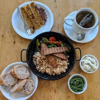 tofu shaken "eggs" with tempeh at Massolit Cooks in Krakow