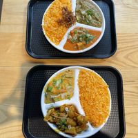 Bottom is vegan: coconut veggies & aloo gobi at Tiffin in Edmonton