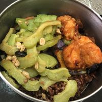 brown rice set: mock meat, bitter gourd, egg plant 👍🏻👍🏻 at Vegetarian Stall - Kovan 209 in Northeast Singapore