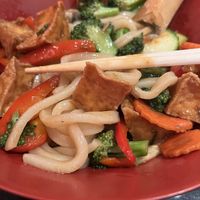 Sichuan Tofu udon noodle bowl. (And spring roll).  at Bento in Gainesville